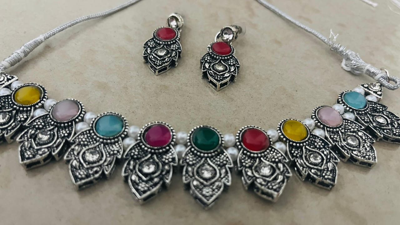 Traditional Oxidised Silver Necklace Set With Multicolour Stone